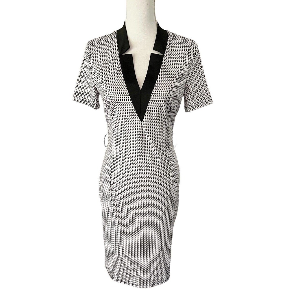 ChicMe Black & White Geometric Print V Neck Midi Sheath Dress Womens Size Medium